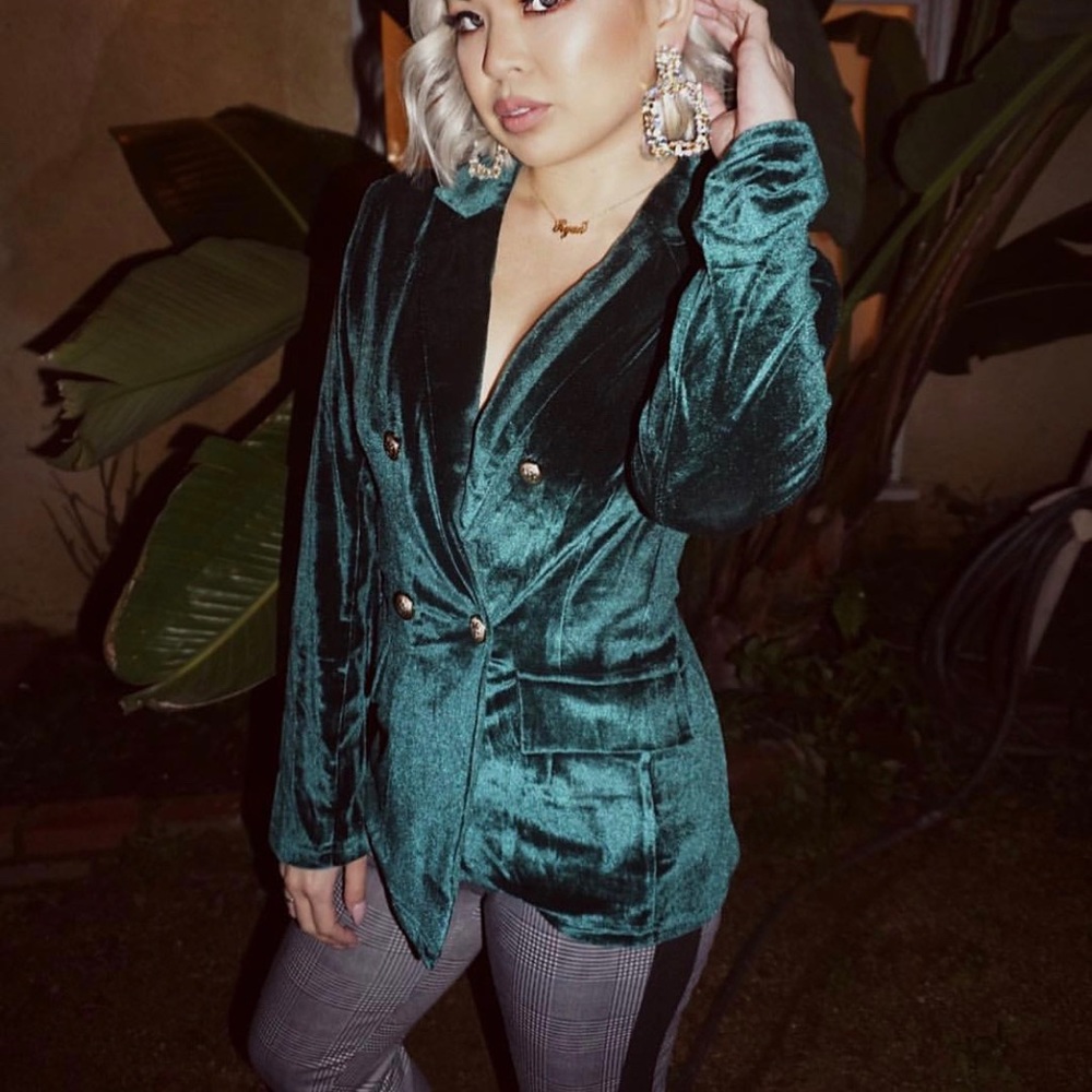 Green velvet blazer with gold buttons